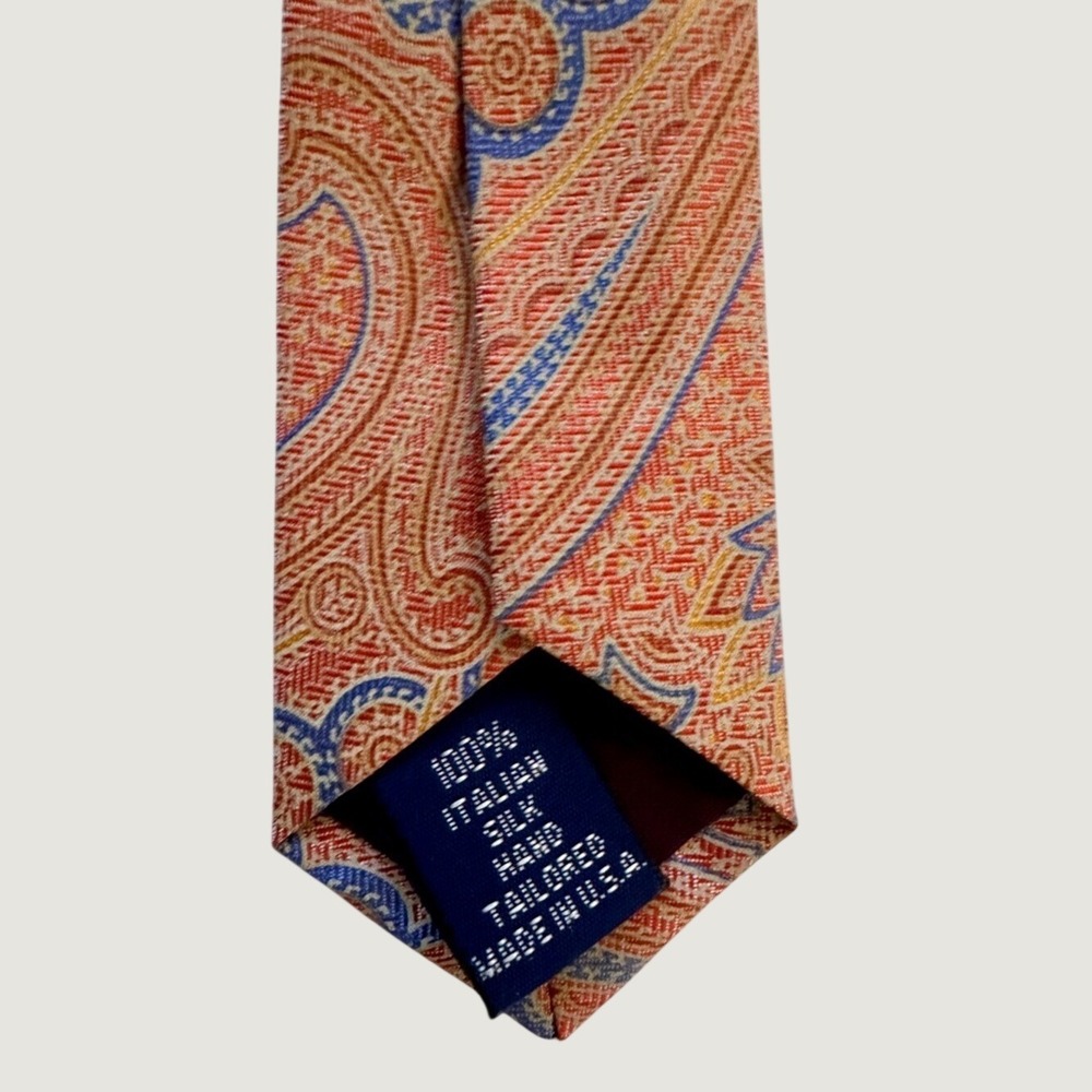 100% Silk Men's Paul Fredrick Orange, Apricot, Blue & Gold Paisley Brocade Tie - Picture 6 of 7